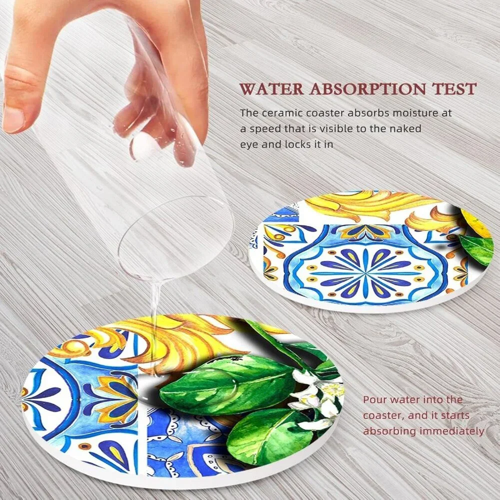 Coaster for Drinks Set of 6, Lemon Fruit Yellow Blue Vintage Absorbent Round Cer